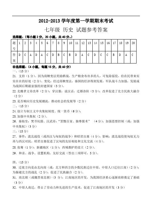 2012-2013第一学期期末试题七上历史期末试题答案2013.01.06