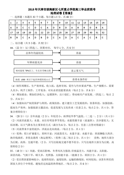 2018天津滨海新区七校联考地理答案