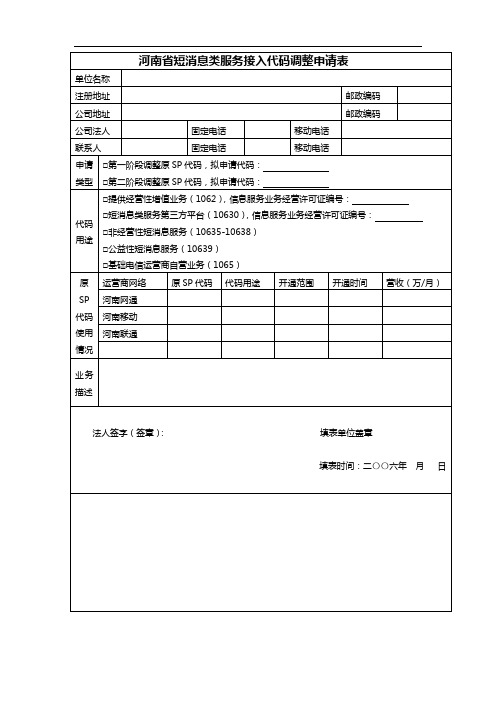 河南省短消息类服务接入代码调整申请表