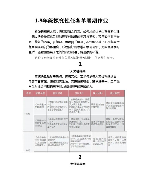 1-9年级探究性任务单暑期作业