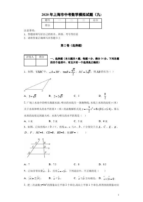 上海市2020年中考数学模拟试题(九)及答案解析