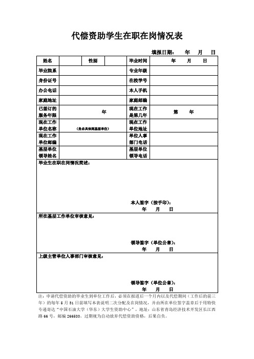 代偿资助学生在职在岗情况表