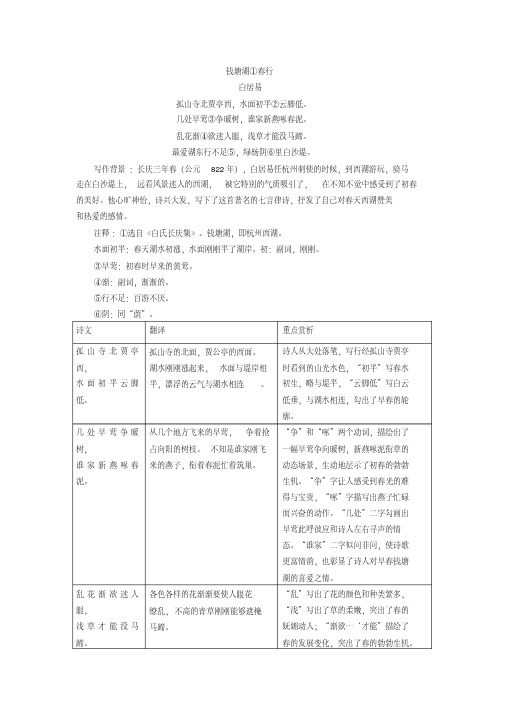 中考语文《钱塘湖春行》课内梳理、探究与默写、多角度赏析练习