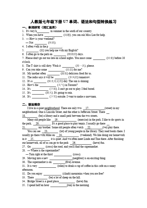 Unit+7单词、语法和句型转换练习+2023-2024学年人教版七年级英语下册+