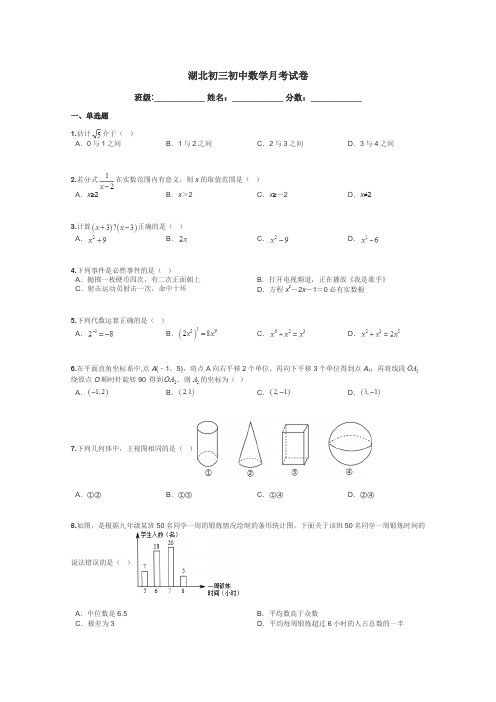 湖北初三初中数学月考试卷带答案解析
