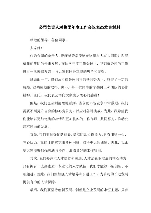 公司负责人对集团年度工作会议表态发言材料