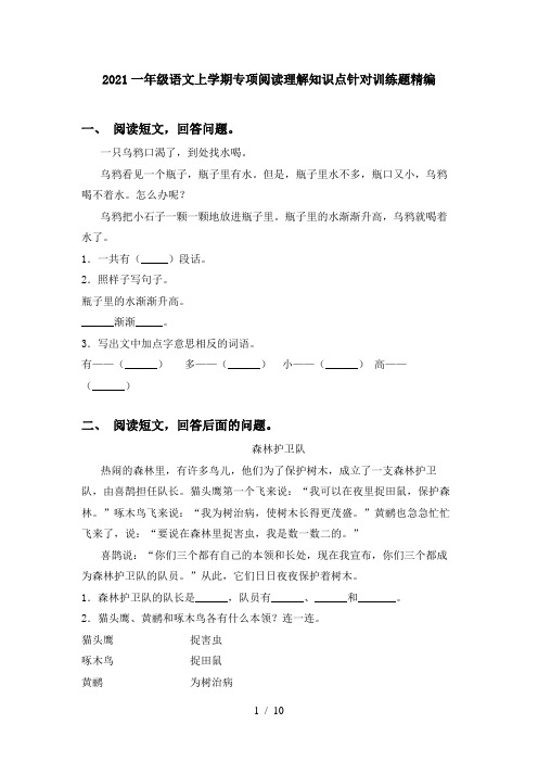 2021一年级语文上学期专项阅读理解知识点针对训练题精编