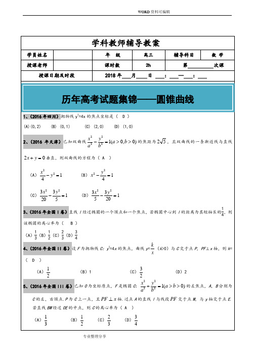 2012_2018高考文科数学真题汇编_圆锥曲线老师版