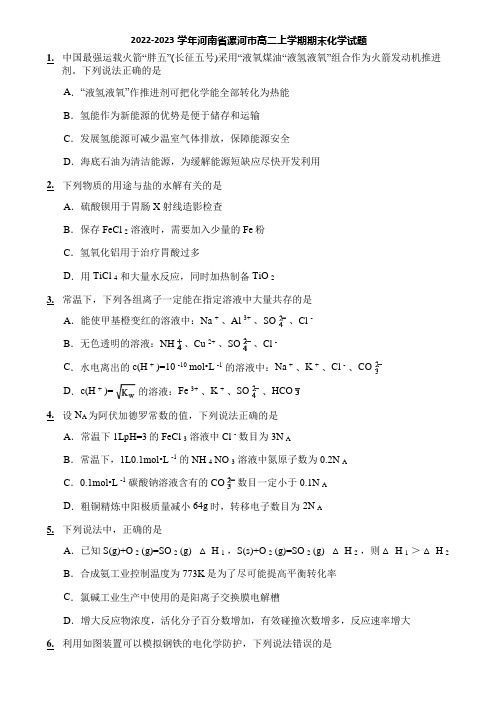 2022-2023学年河南省漯河市高二上学期期末化学试题