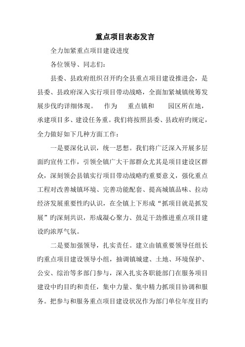 重点项目表态发言