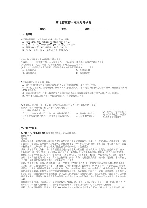 湖北初三初中语文月考试卷带答案解析
