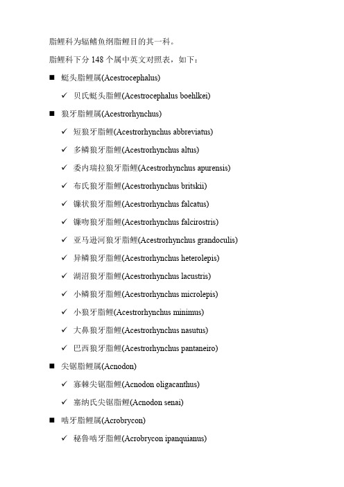 脂鲤科下分148个属中英文对照表