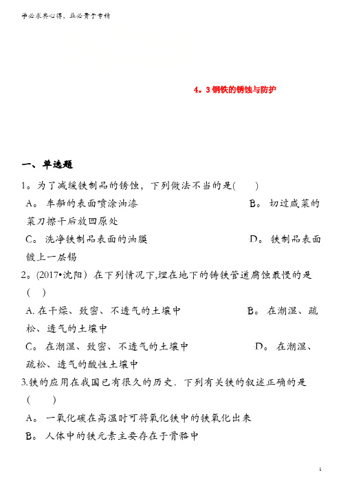 九年级化学全册第四单元金属4.3钢铁的锈蚀与防护同步测试