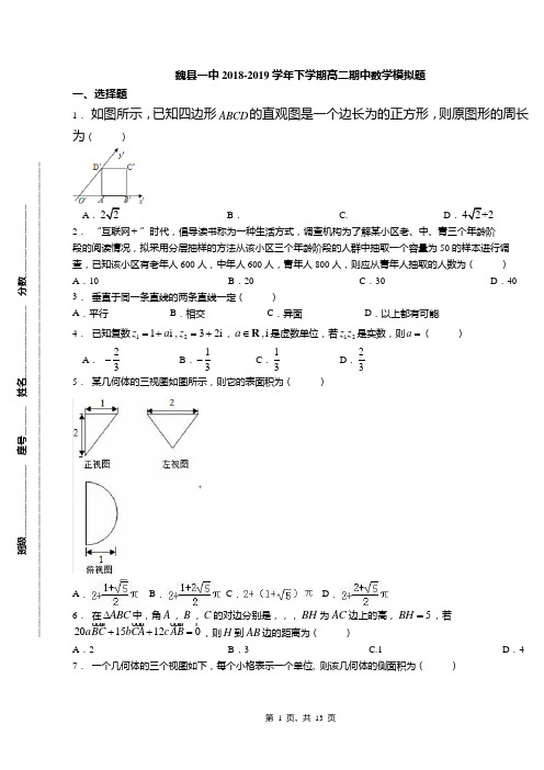 魏县一中2018-2019学年下学期高二期中数学模拟题