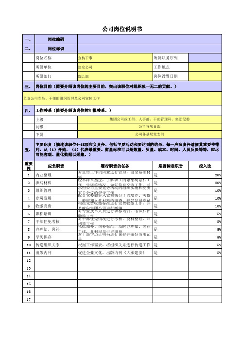 央企煤炭建筑安装公司岗位说明书组宣干事岗位职责梳理表