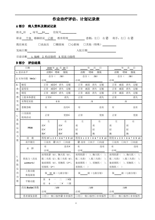 作业治疗评估、计划记录表