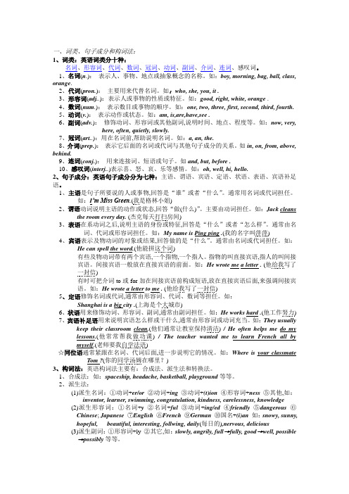 初中英语语法大全,一、词类、句子成分和构词法：