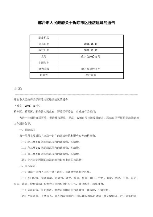 邢台市人民政府关于拆除市区违法建筑的通告-政字[2006]48号