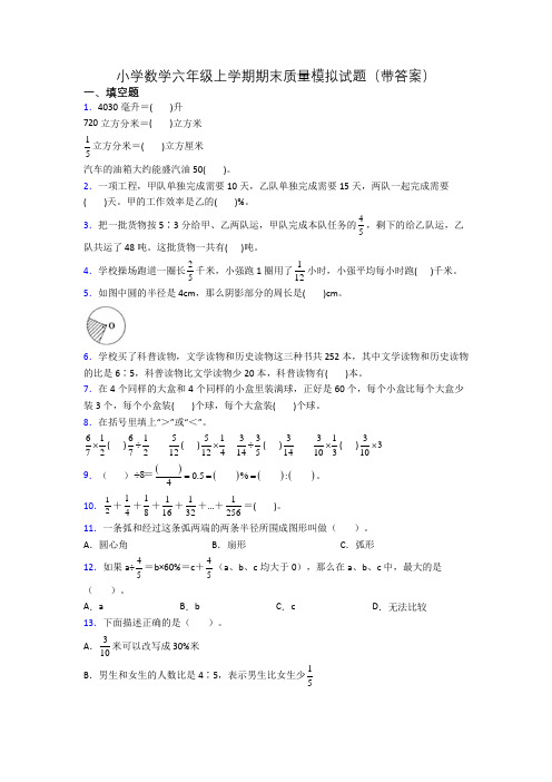 小学数学六年级上学期期末质量模拟试题(带答案)