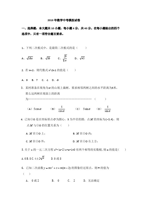 2019年数学中考模拟试卷(可编辑修改word版)