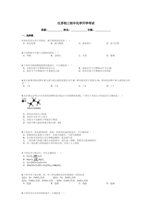 江苏初三初中化学开学考试带答案解析
