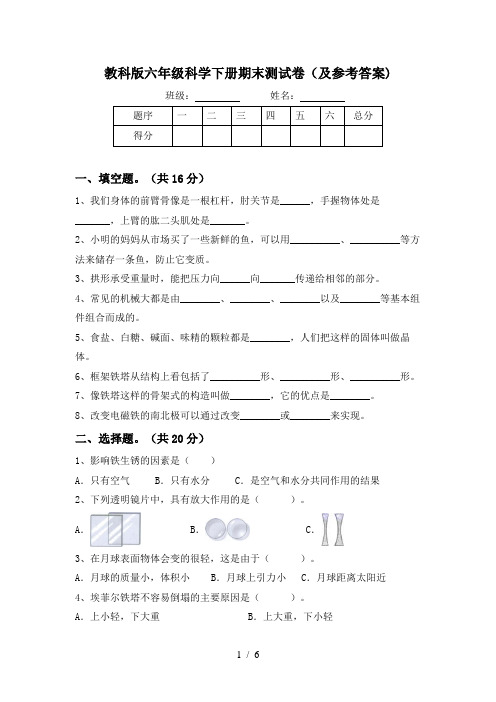 教科版六年级科学下册期末测试卷(及参考答案)