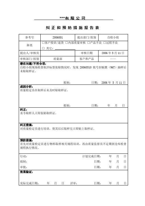 GMP自检计划及记录报告模板-纠正和预防措施报告表