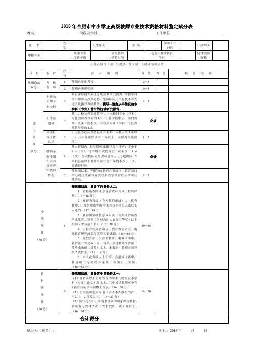 2018年合肥市中小学正高级教师专业技术资格材料鉴定赋分表A3