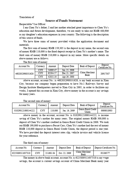 出国签证资料：资金来源说明英文模板 Source of Funds Statement