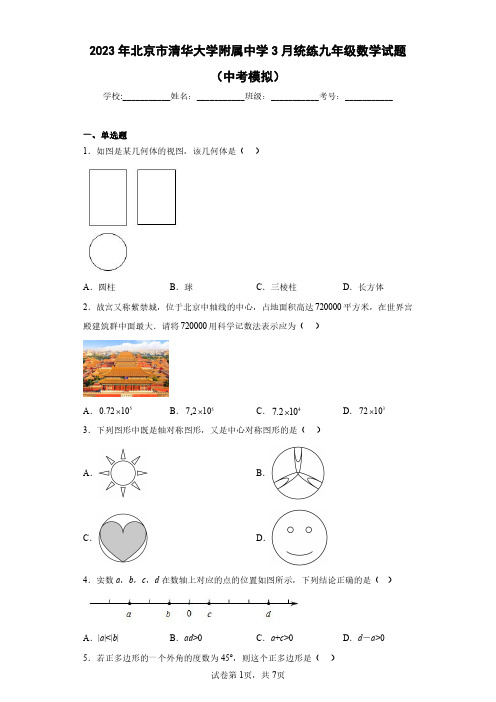 2023年北京市清华大学附属中学3月统练九年级数学试题(中考模拟)(含答案解析)