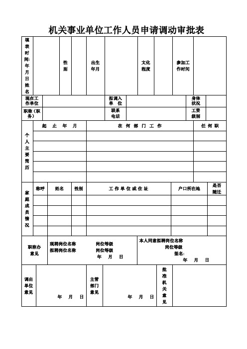 机关事业单位工作人员申请调动审批表