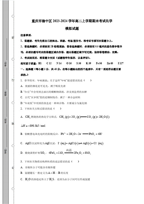 重庆市渝中区2023-2024学年高二上册期末考试化学模拟试题(附答案)