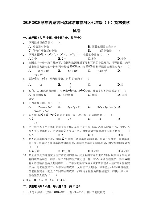 内蒙古巴彦淖尔市临河区2019-2020学年七年级上学期期末考试数学试题