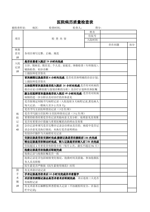 医院住院出院病历质量检查表