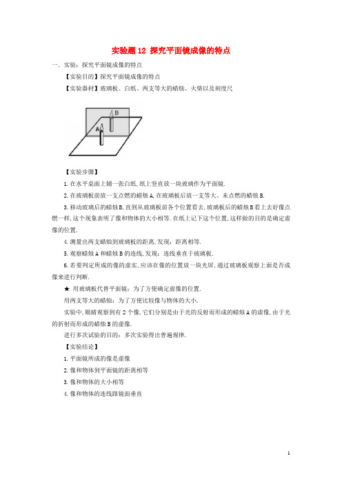 中考物理实验精练精解专题实验题12探究平面镜成像的特点含解析