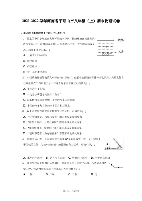 2021-2022学年河南省平顶山市八年级(上)期末物理试题及答案解析