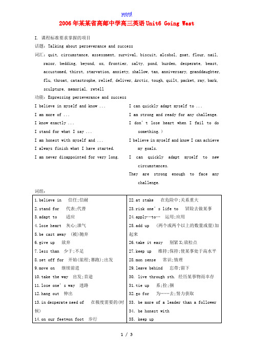 高三英语Unit6 Going West 新课标 人教版 教案