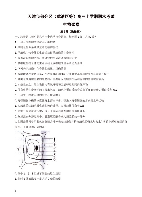 【最新】2019秋天津市部分区(武清区等)高三上学期期末考试生物试卷(有答案)