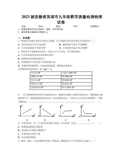 最新2023届安徽省芜湖市九年级教学质量检测物理试卷及解析