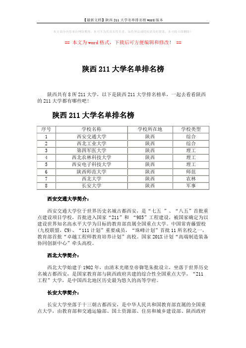 【最新文档】陕西211大学名单排名榜word版本 (3页)