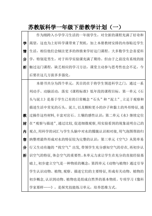 2021-2022学年度苏教版科学一年级下册教学计划及教学进度表模板(三篇)