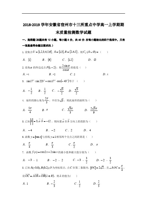 【国家百强校】2018-2019学年安徽省宿州市十三所重点中学高一上学期期末质量检测数学试题