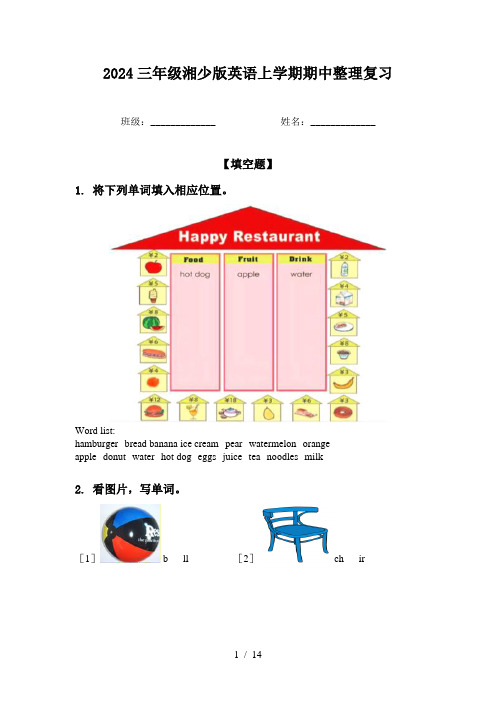 2024三年级湘少版英语上学期期中整理复习