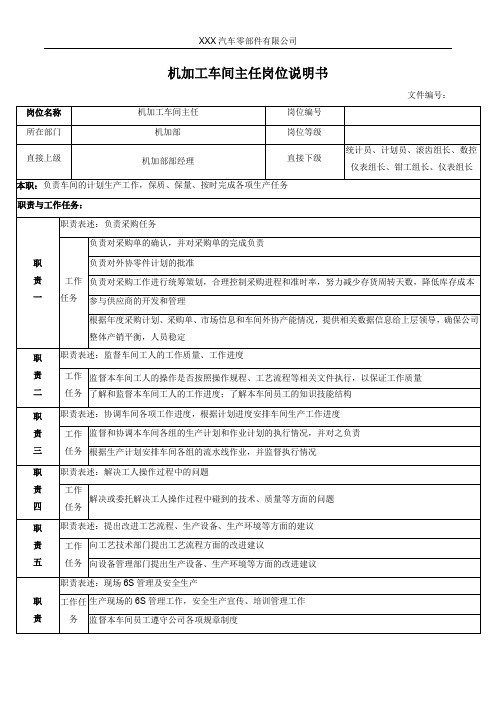 机加工车间主任岗位说明书