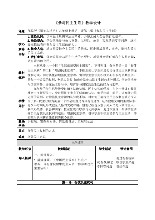 3.2参与民主生活(教学设计2024-2025学年九年级道德与法治上册高效备课精品课件(统编版)