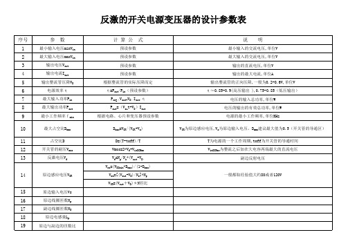 反激的开关电源变压器的设计参数表