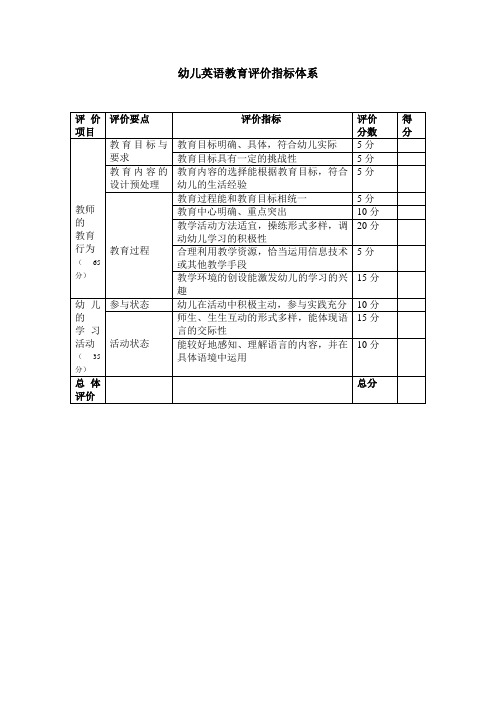 幼儿英语教学评价表