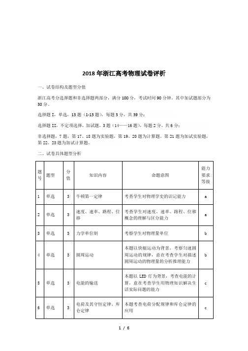 2018年浙江高考物理试卷评析