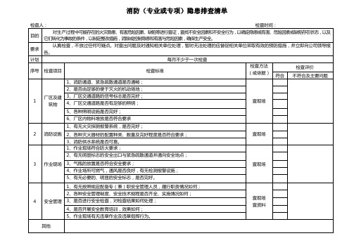 消防(专业或专项)隐患排查清单(消防安全检查表)