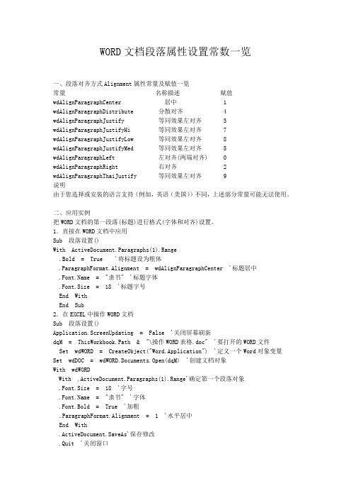 WORD文档段落设置VBA常用参数